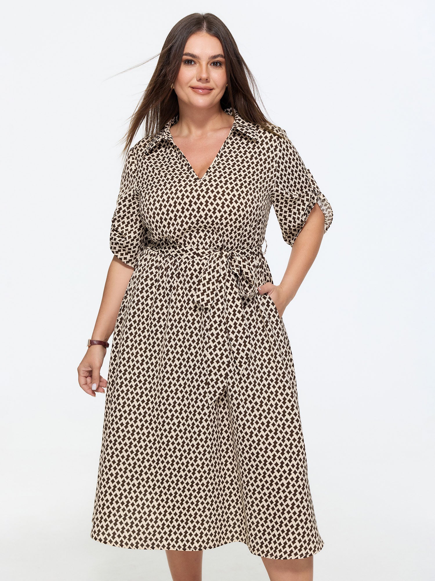 Geometric Print Collared Knit Midi Dress