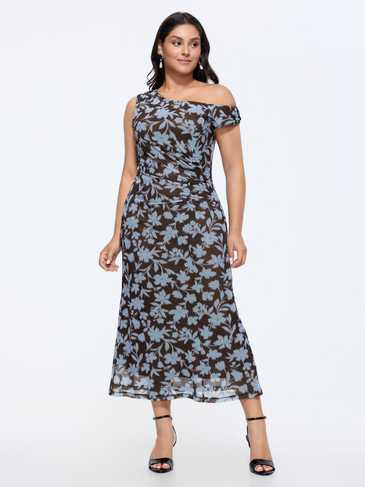Floral Print Mesh One-Shoulder Midi Dress