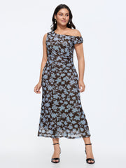 Floral Print Mesh One-Shoulder Midi Dress