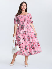 Rose Print Stretchy Waist Shirred Midi Dress