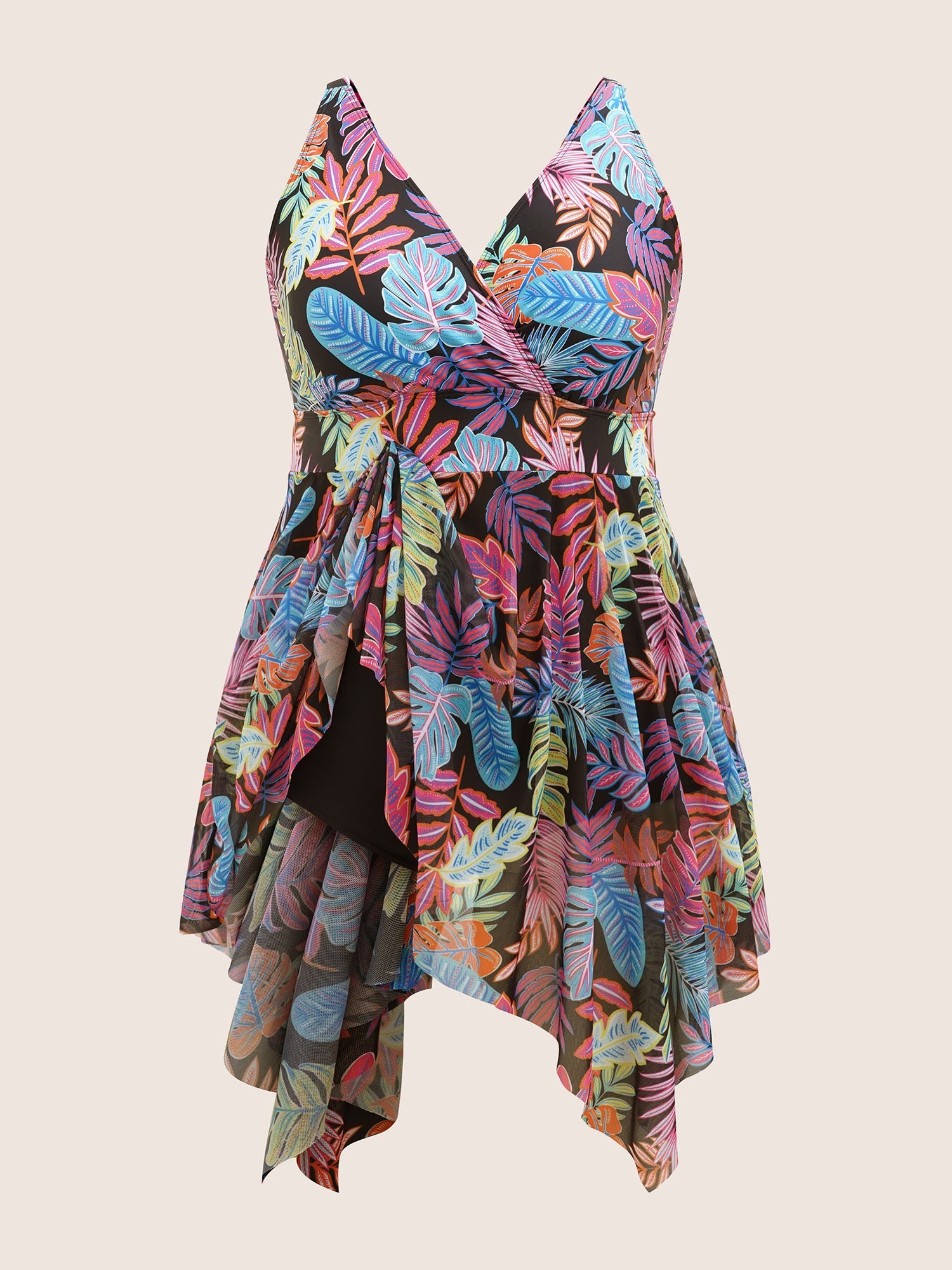 Tropical Print Overlap Collar Hanky Hem Swim Dress