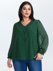 Jacquard Lace Trim V-Neck Blouse