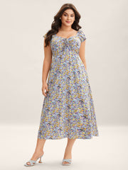 Ditsy Floral Print Neck Tie Midi Dress