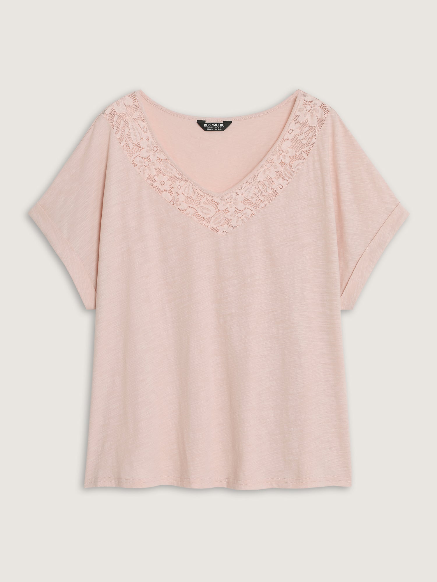 Cotton Lace Neckline Casual Plain T-Shirt