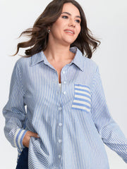 Cotton Nautical Striped Pocket Button Down Shirt