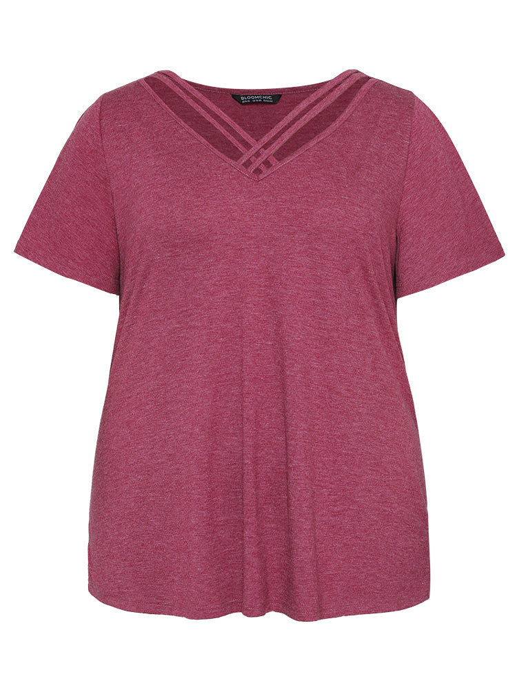 Plain Ruffle Sleeve Heather Crisscross Neck T-shirt