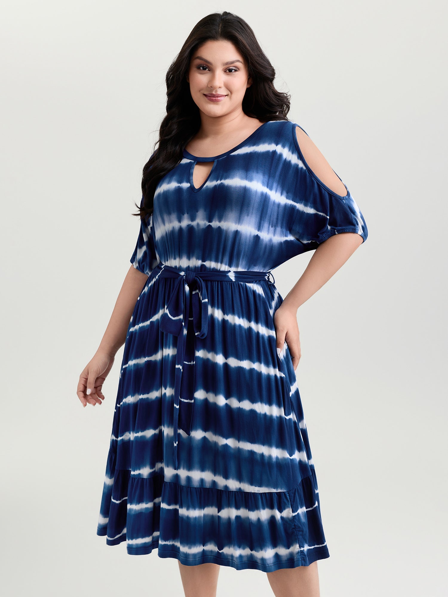 Color Gradient Waist-Tie Keyhole Neckline Mini Dress