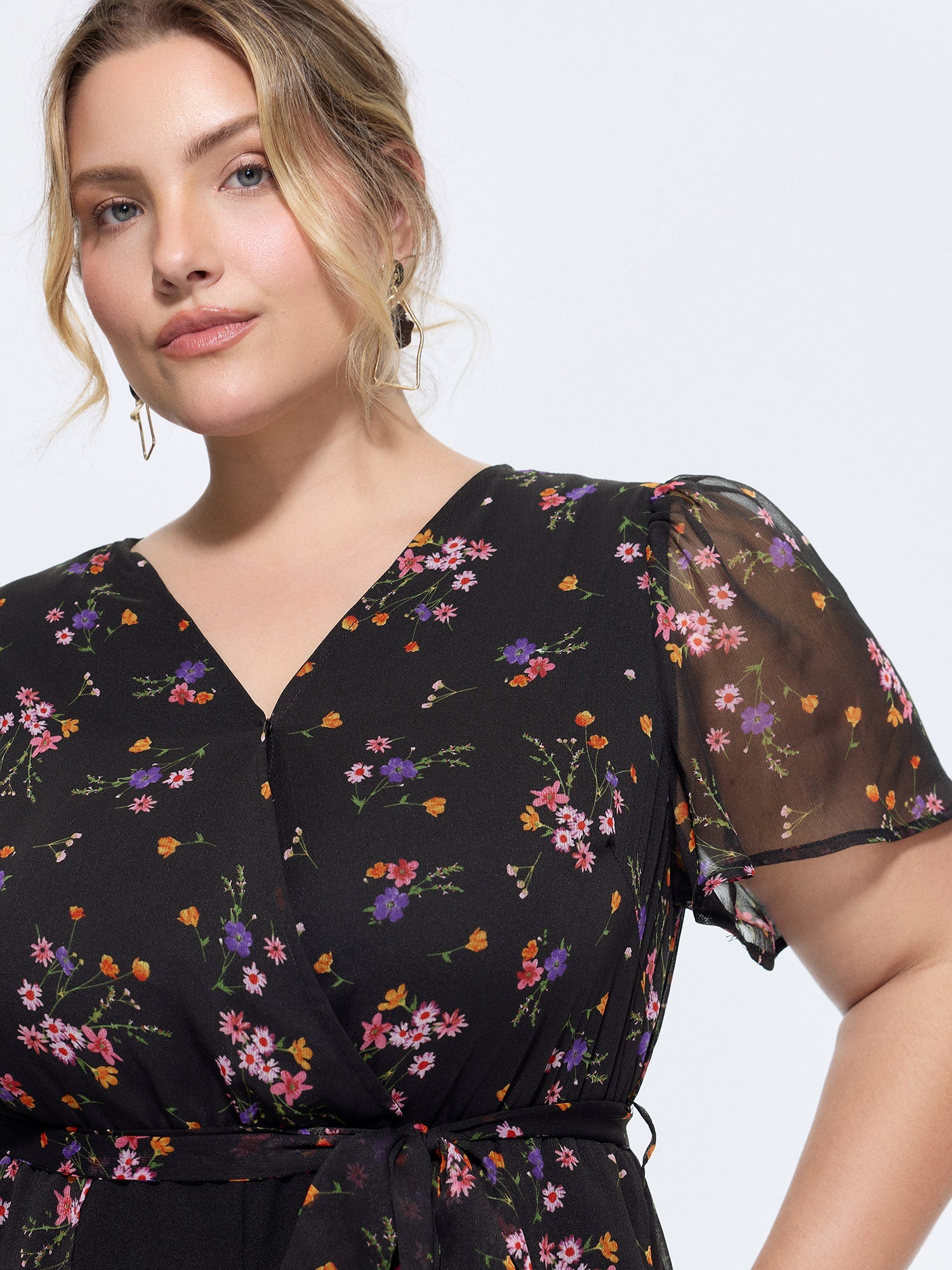 Ditsy Floral Print Wrap Tie Overlay Jumpsuit