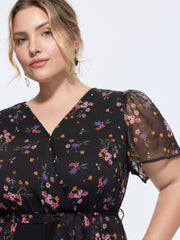 Ditsy Floral Print Wrap Tie Overlay Jumpsuit