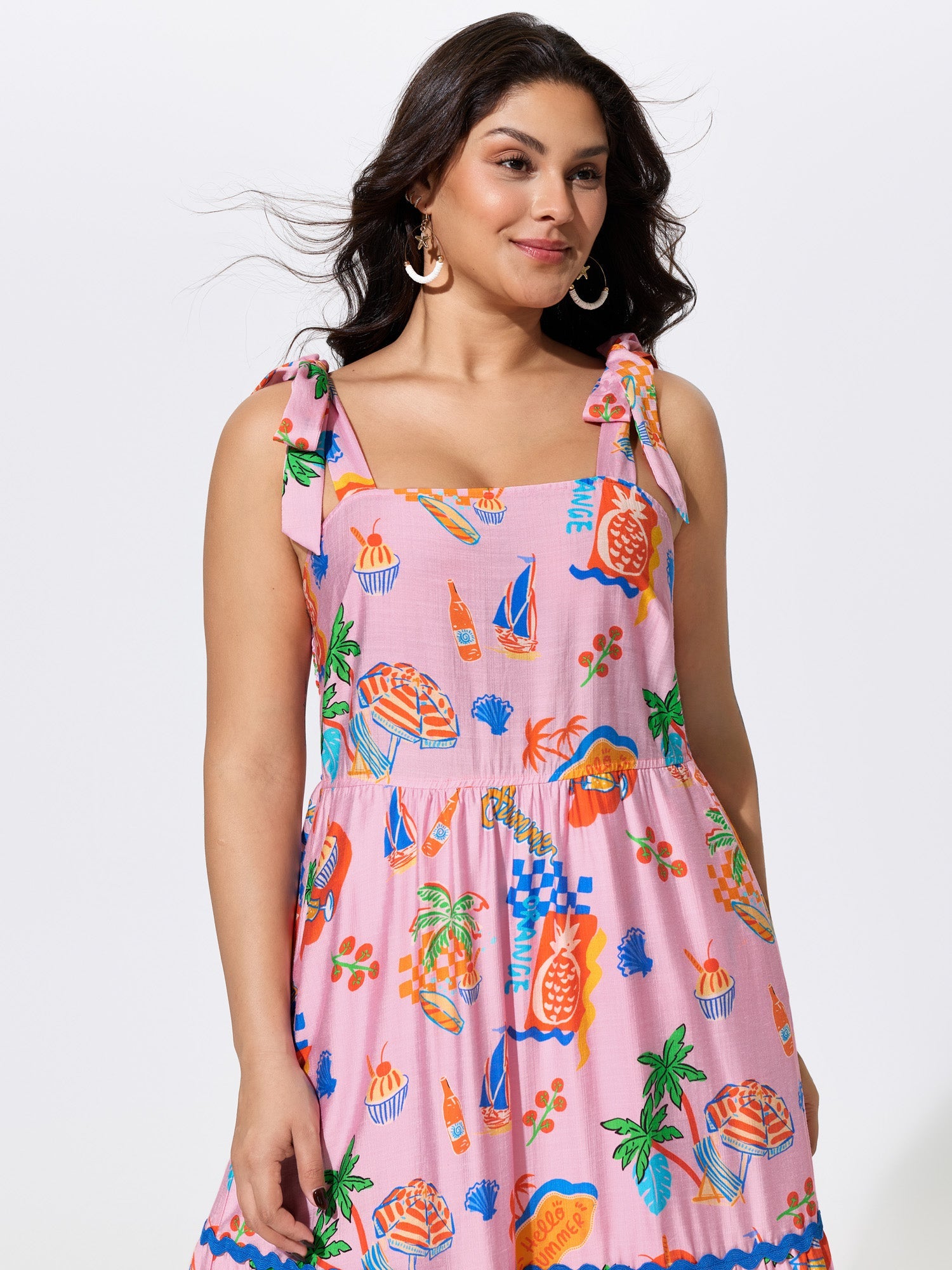 Supersoft Tropical Vacation Print Shirred Midi Dress