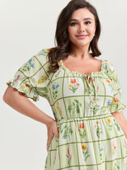 Floral Collage Print Ruffled Neckline Midi Dress