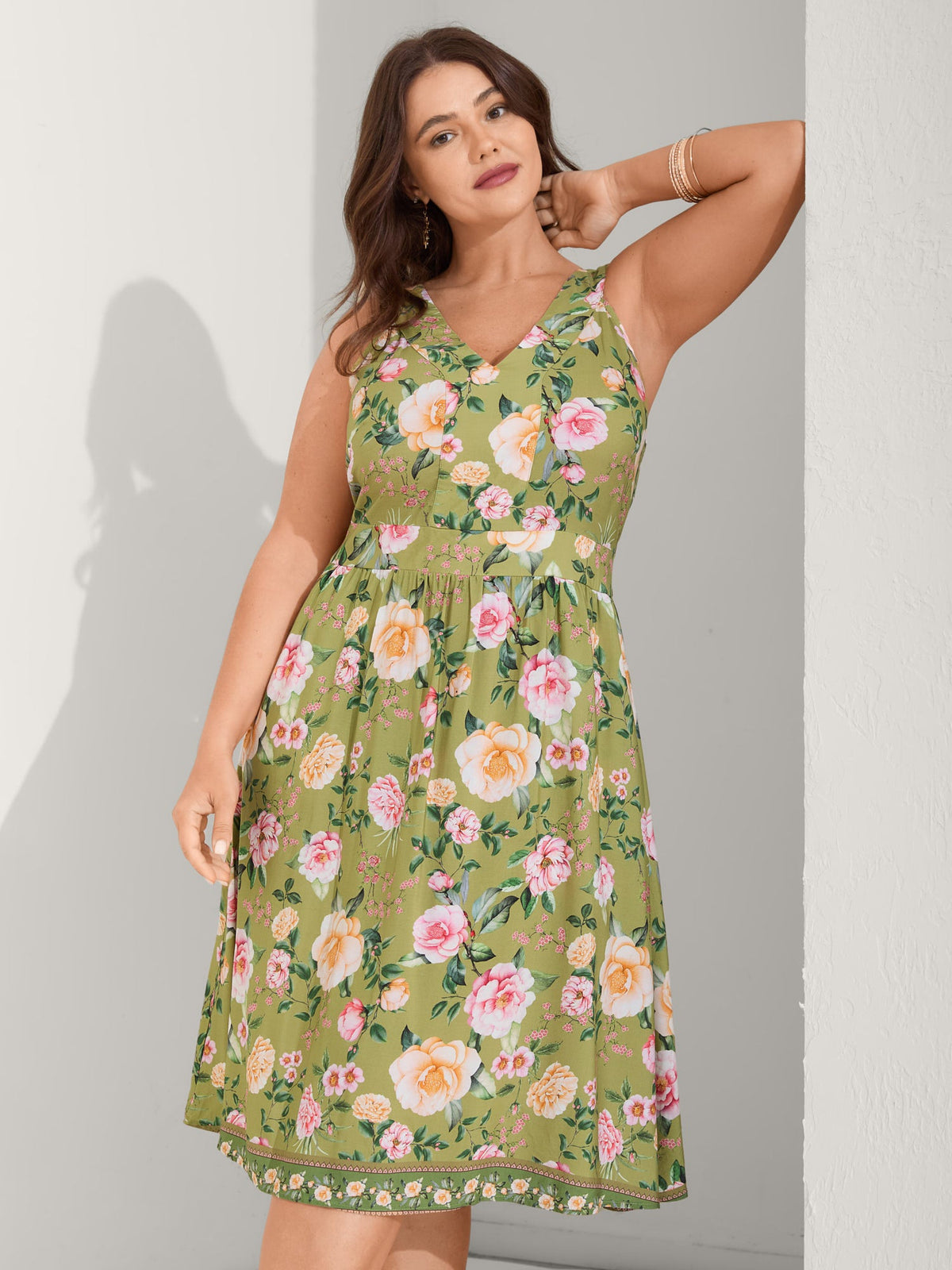 Rayon Floral Shirred Pockets Midi Dress