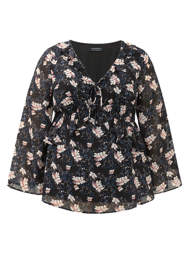 Ditsy Floral Ties Ruffles Elastic Waist Blouse