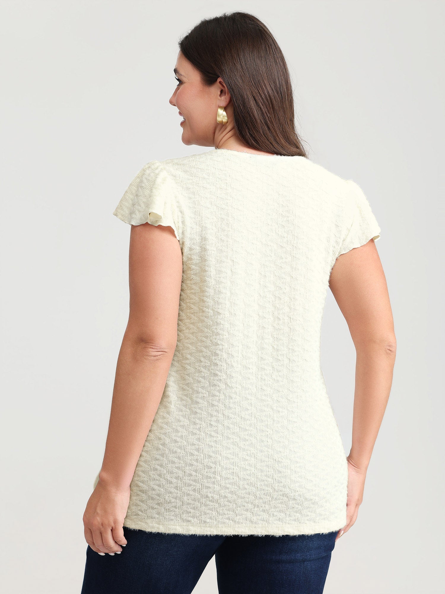 Textured Button Detail Ruffled Sleeve T-Shirt