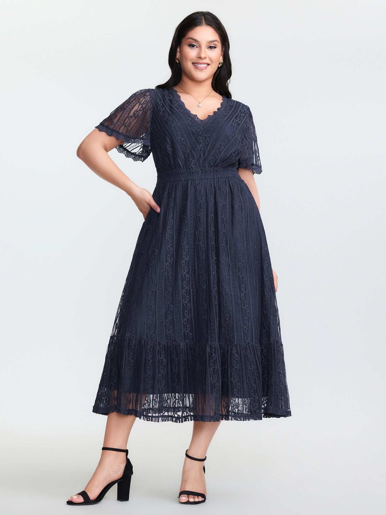 Sheer Lace Trim V-Neck Midi Dress