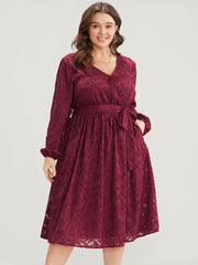 Floral Pocket Lantern Sleeve Belted Surplice Neck Dress