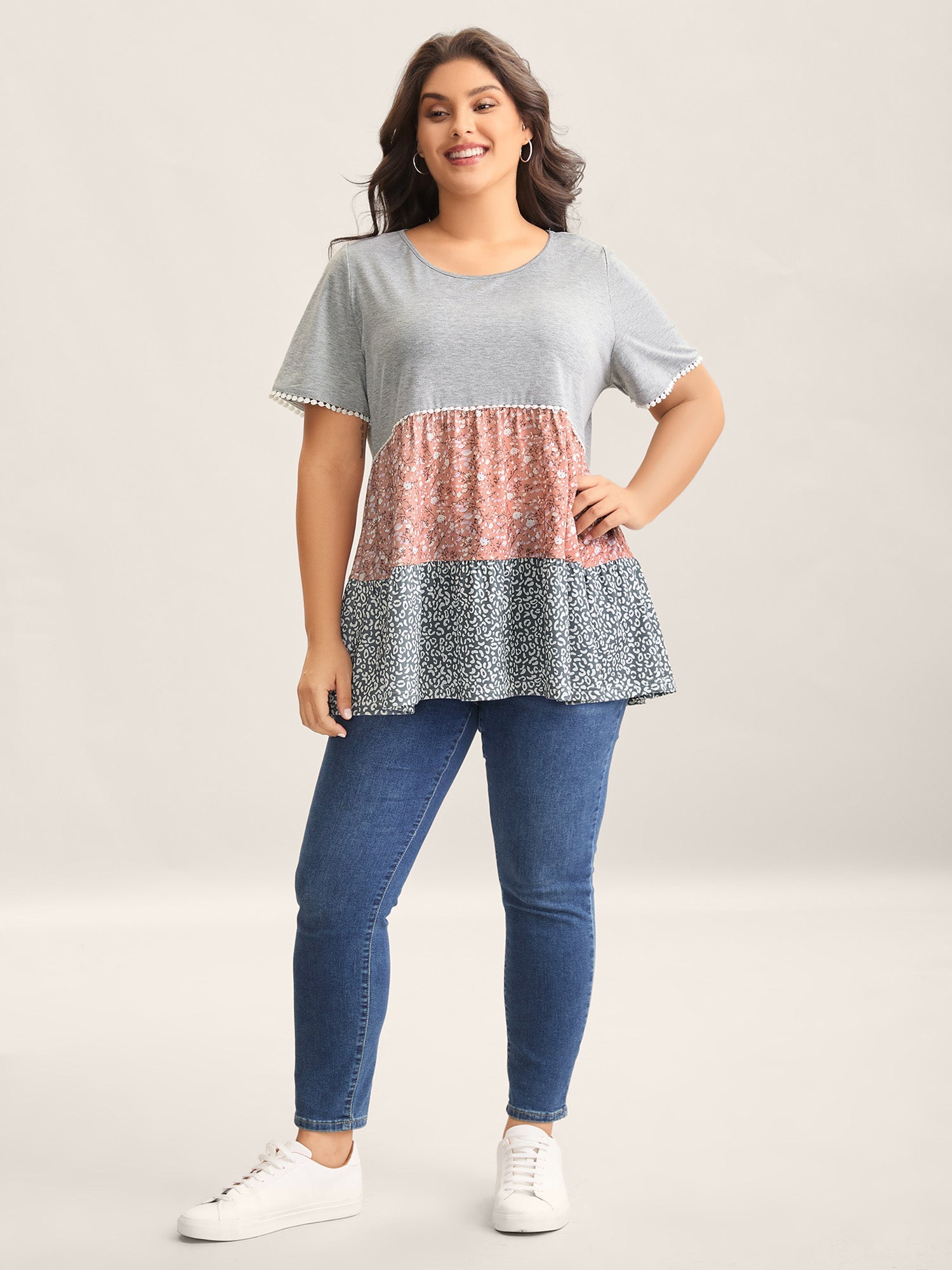 Ditsy Floral Print Patchwork Layered T-Shirt