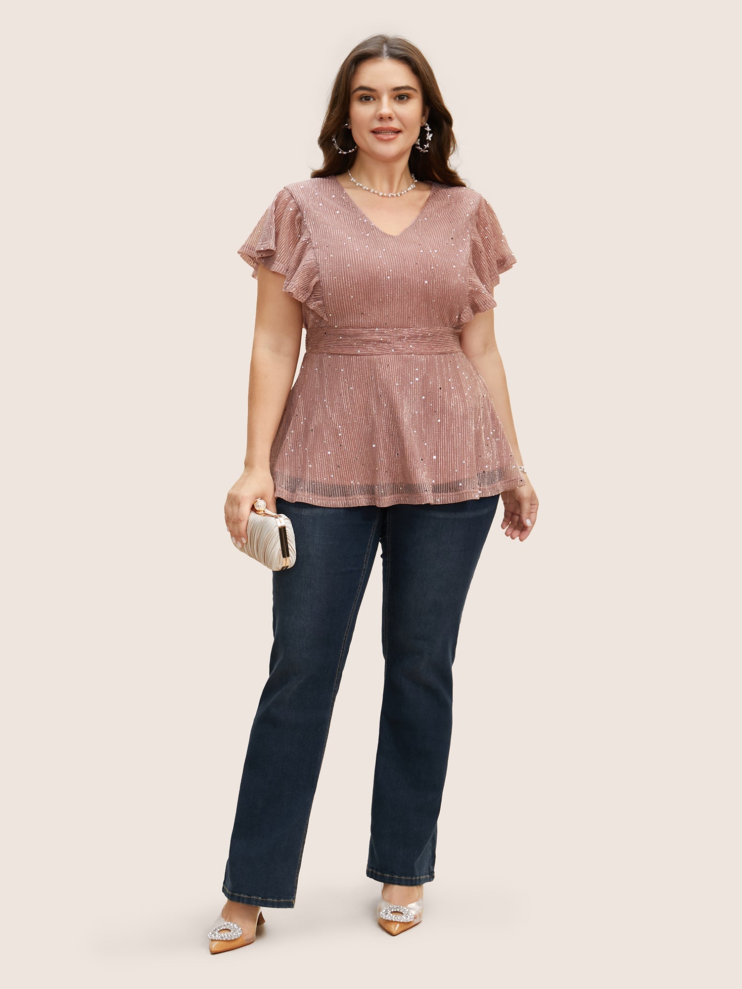 Glitter Mesh V Neck Ruffle Cap Sleeve Blouse