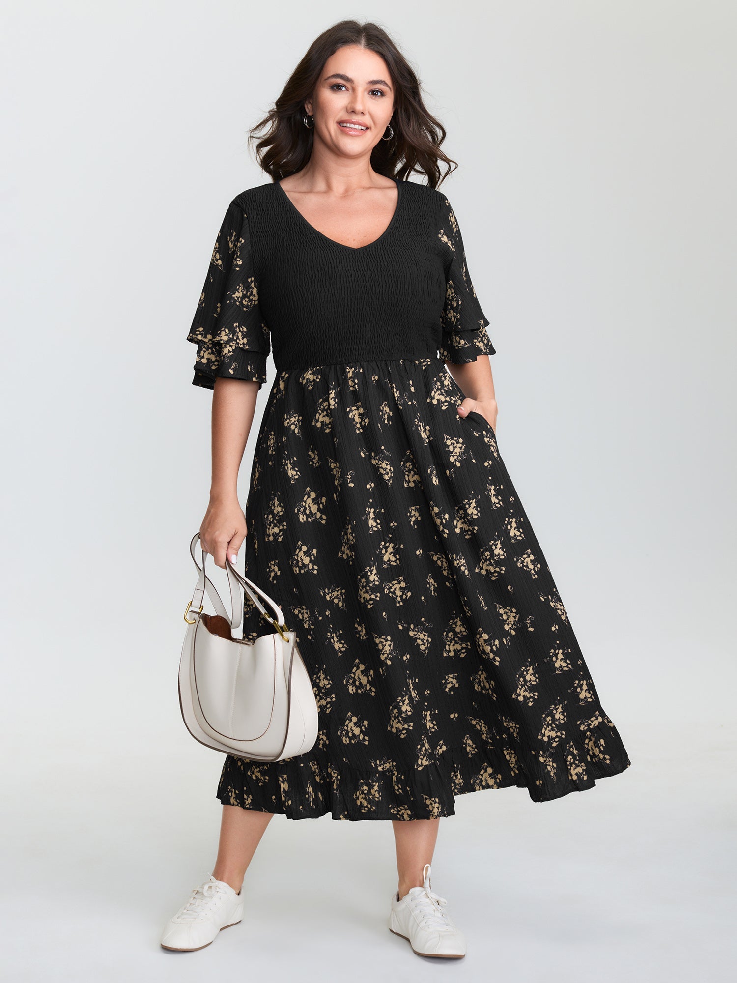 Floral Shirred Color Contrast Midi Dress