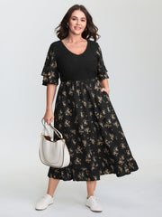 Floral Shirred Color Contrast Midi Dress
