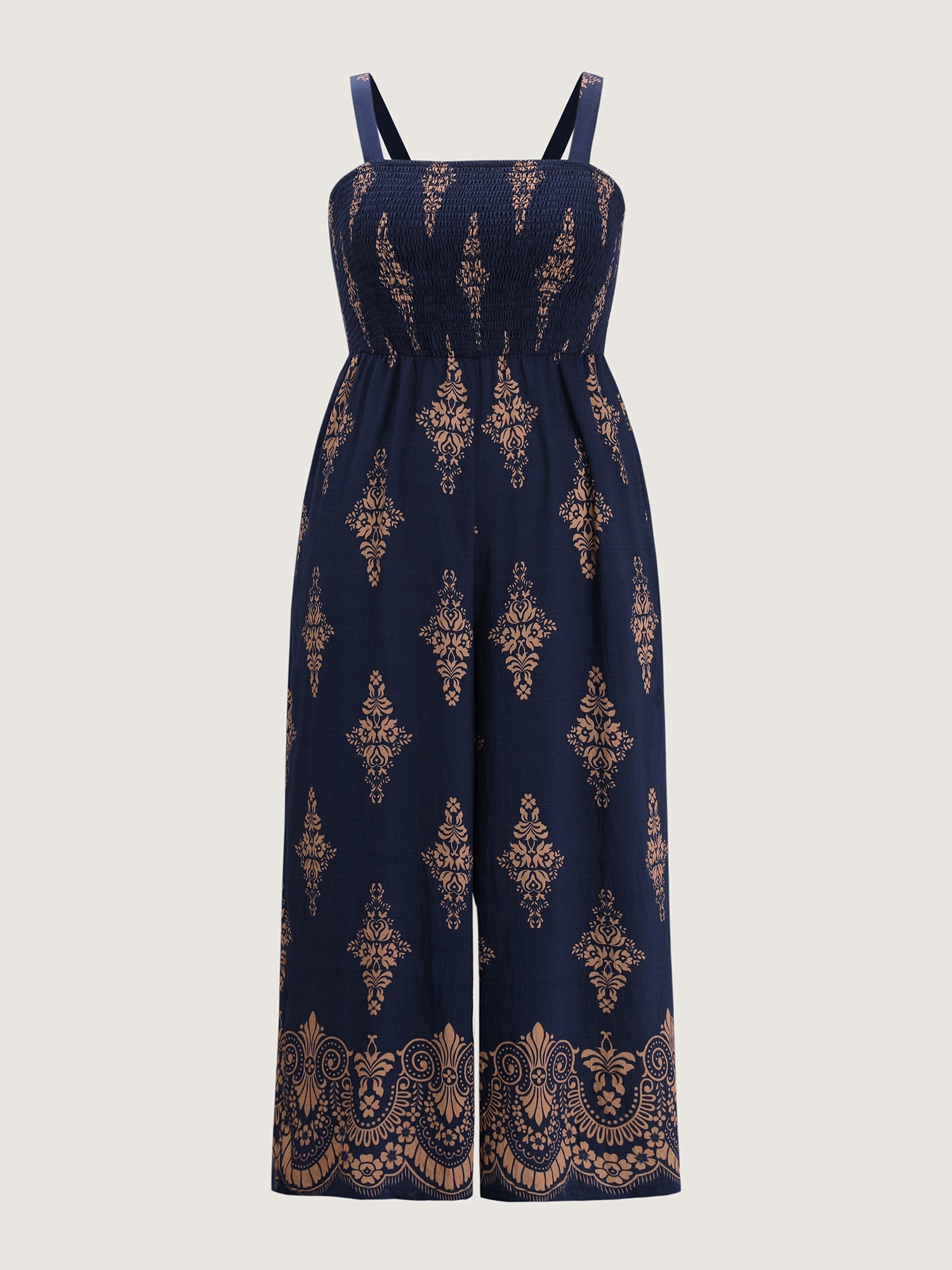 Geometric Print Waist-Defining Shirred Jumpsuit