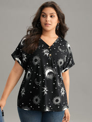 Horoscope Print V Neck Cuffed Dolman Sleeve T-shirt