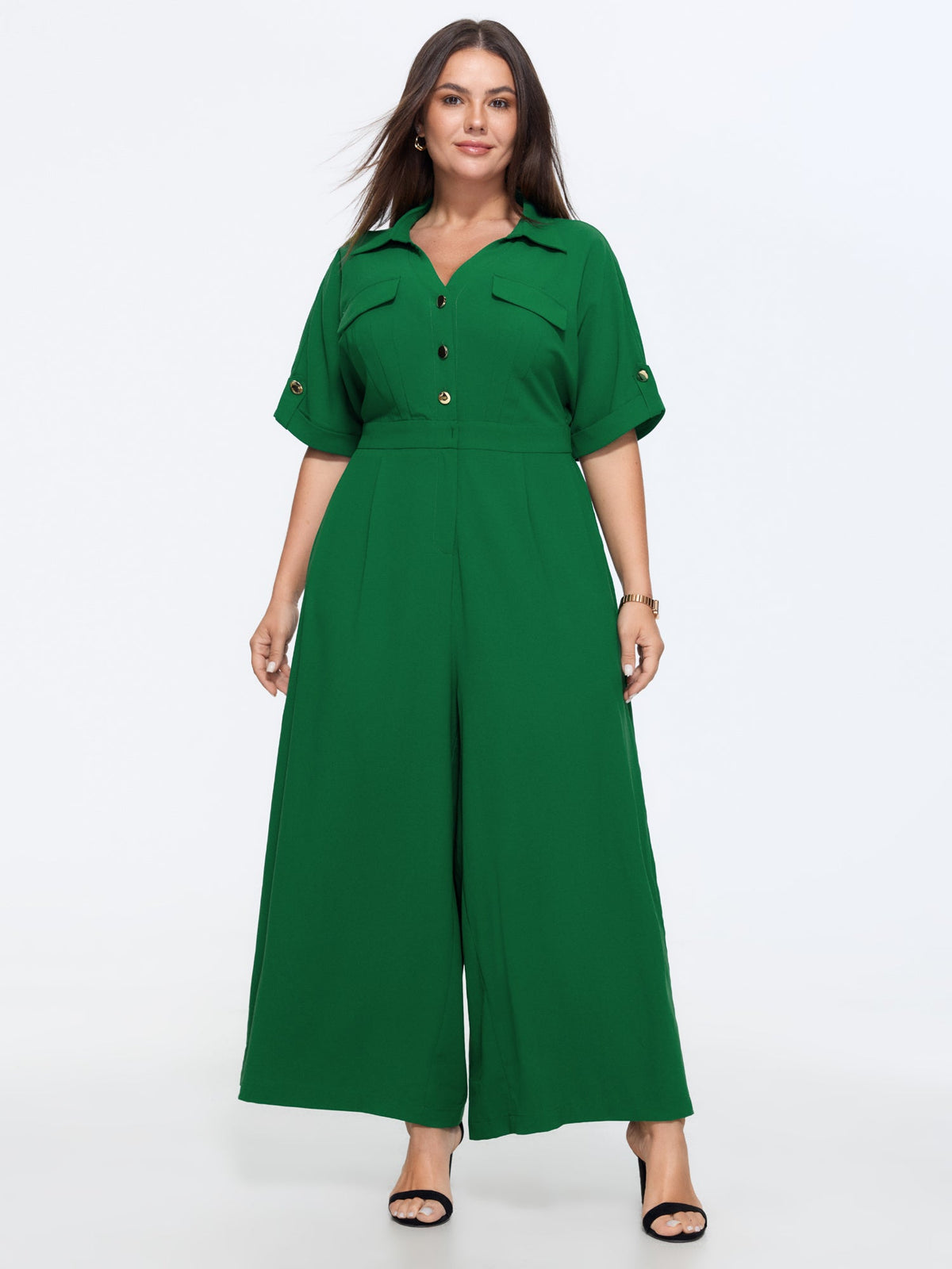 Button Placket Pockets Wide-Leg Jumpsuit