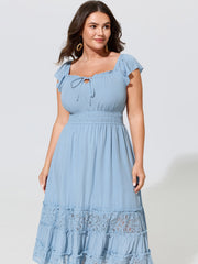 Lace Trim Ruffle Tie Front Midi Dress