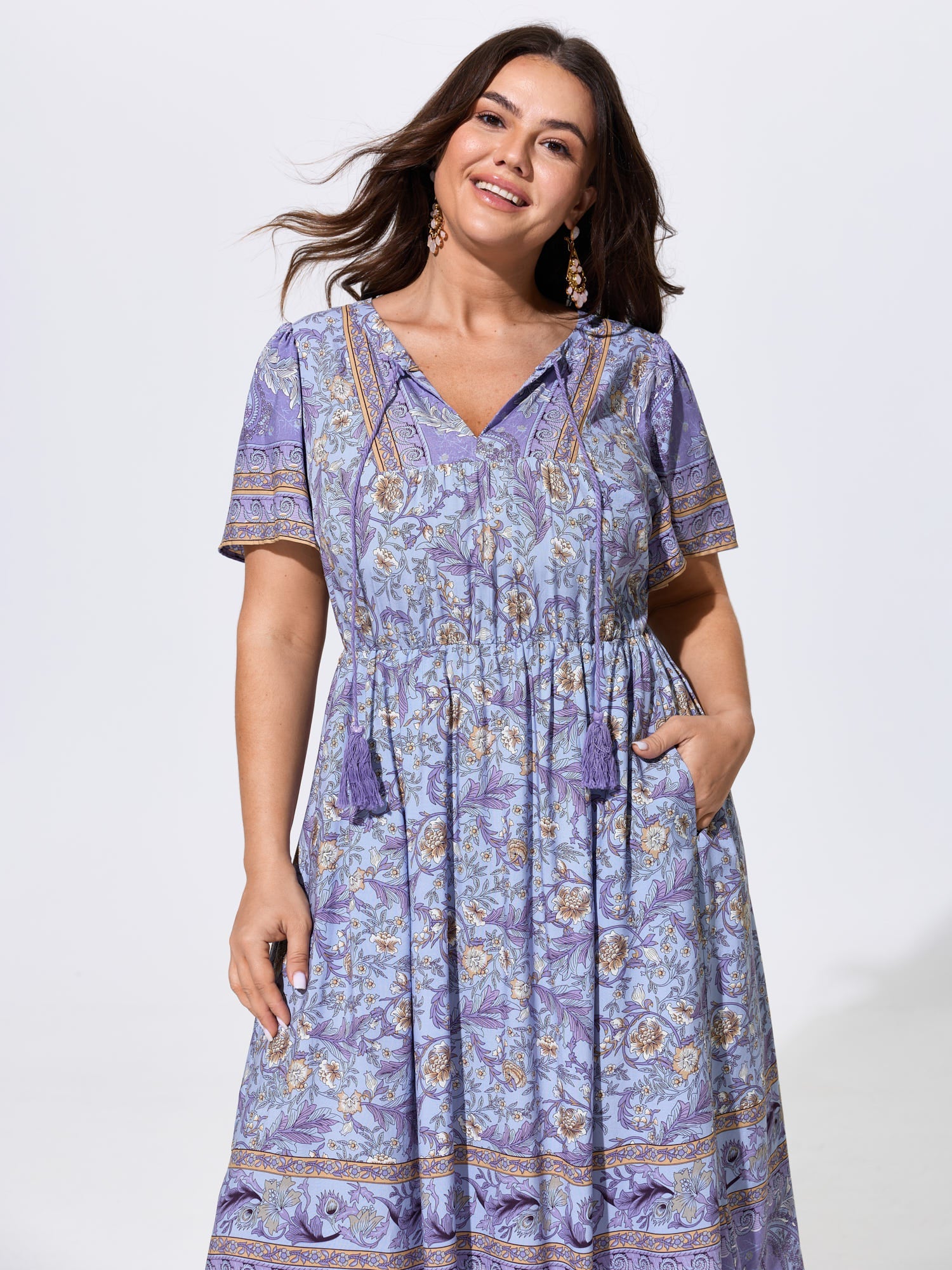Floral Print Tassels Drawstring Neckline Midi Dress