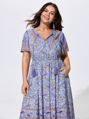 Floral Print Tassels Drawstring Neckline Midi Dress