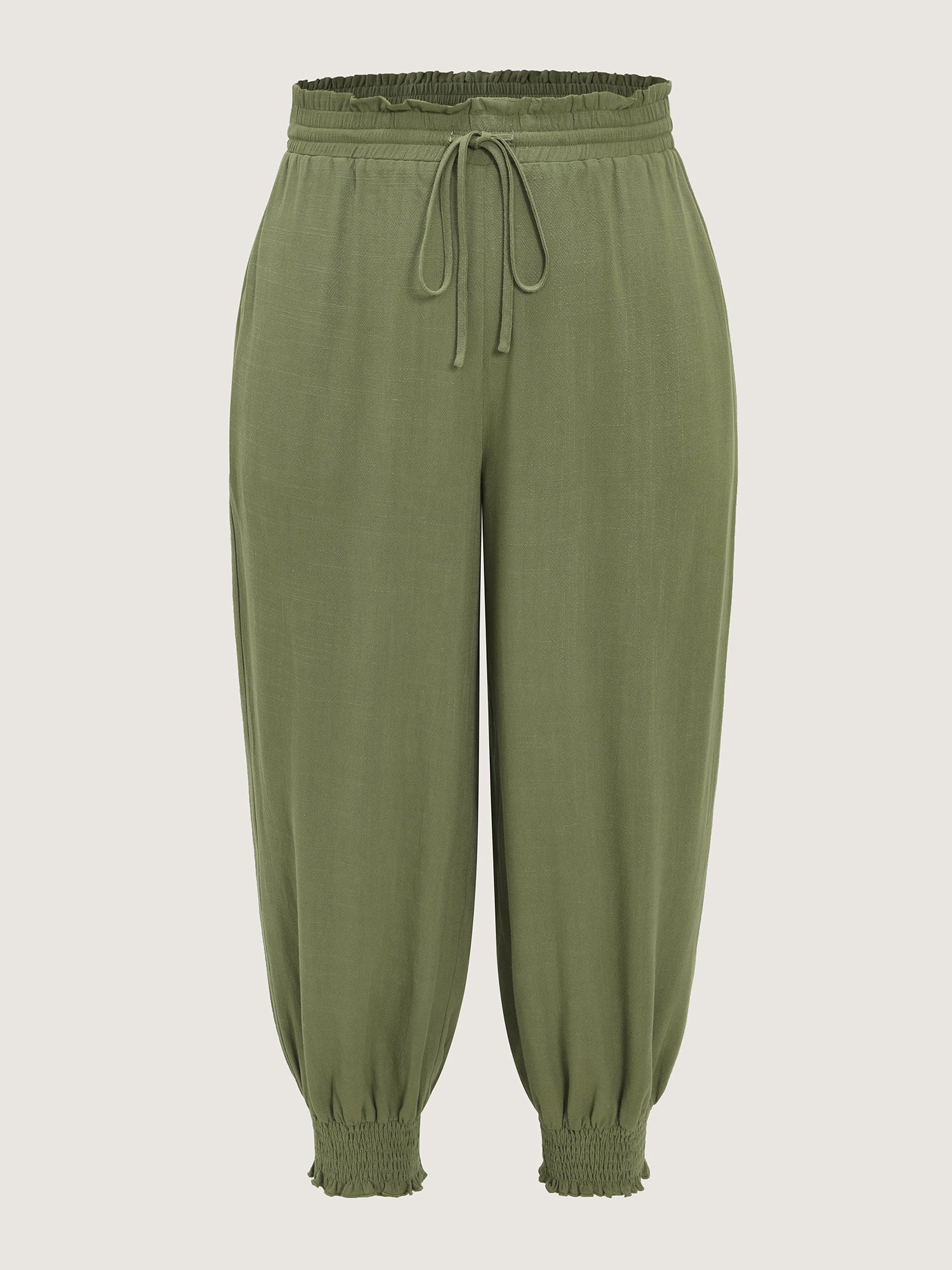 Linen Blend Shirred Drawstring Waist Jogger Pants