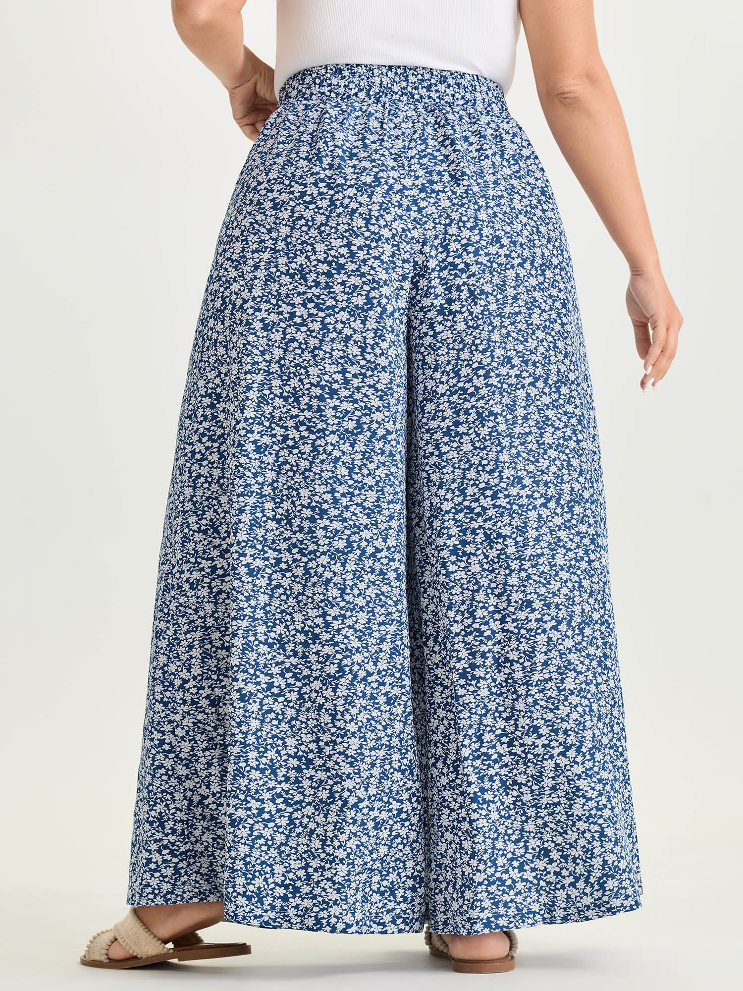Micro Floral Print Wide-Leg Pants