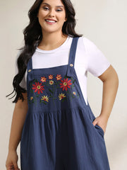 Pure Cotton Floral Embroidery Overall Jumpsuit