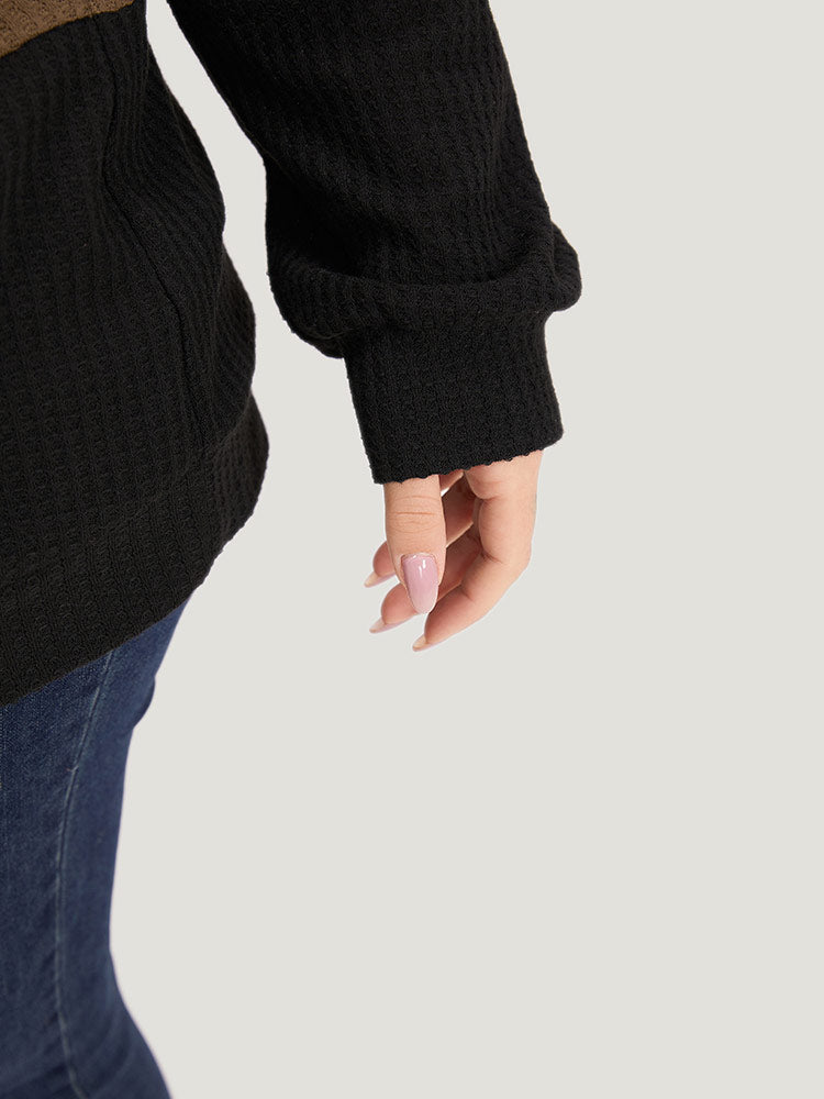 Waffle Knit Patchwork Button Detail Contrast Sweatshirt