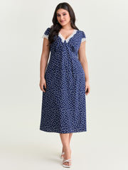 Polka Dots Lace Deep Neckline Midi Dress