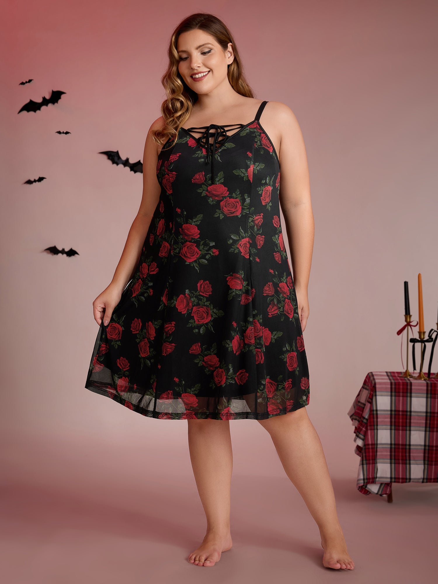 Midnight Rose Print Neck-Ties Cami Nightgown