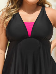 V Neck Color Contrast Swim Dress