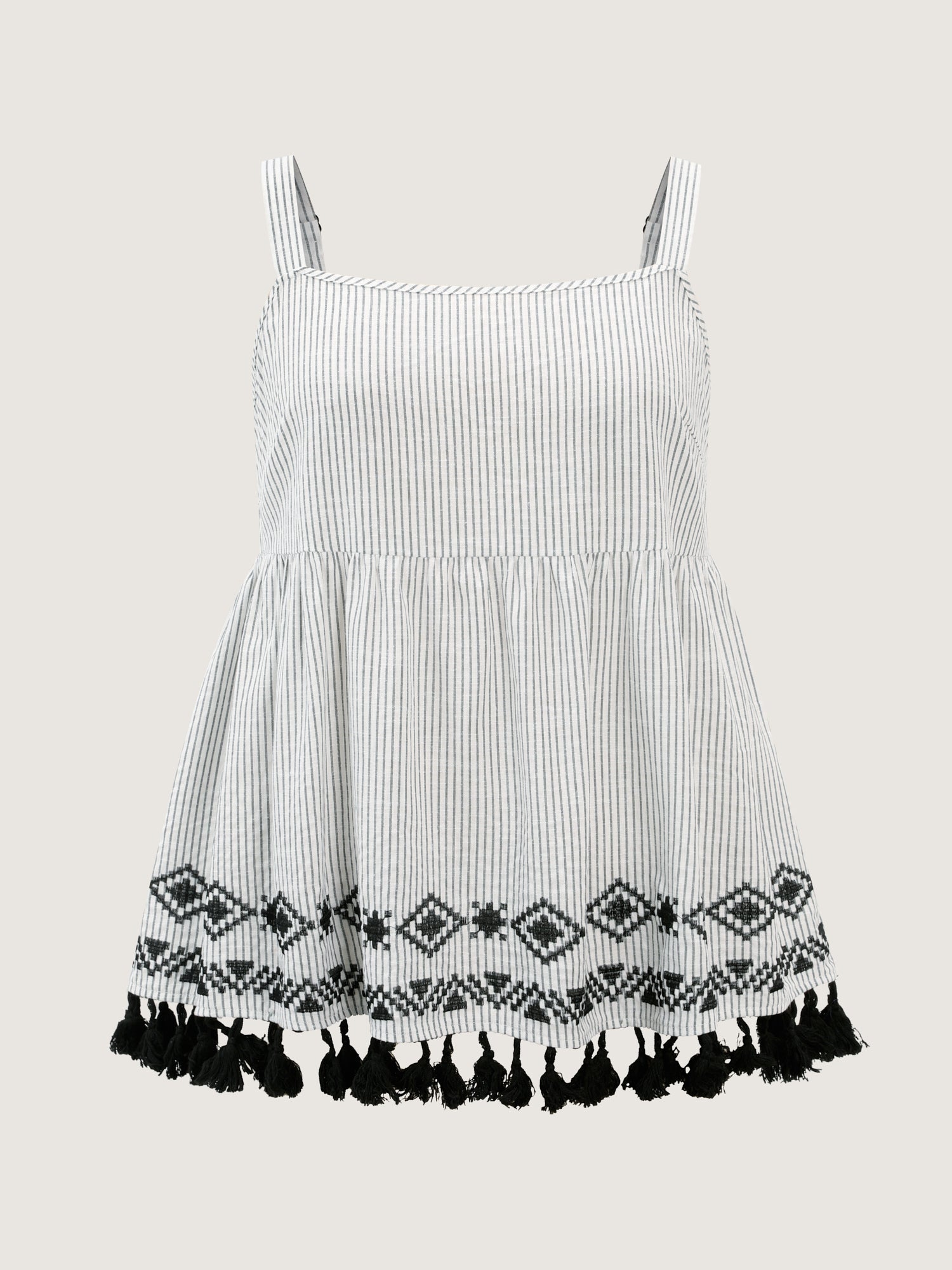 Cotton Linen Striped Embroidered Fringe Hem Tank Top