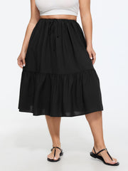 Adjustable Drawstring Waist Plain Tiered Flowy Midi Skirt