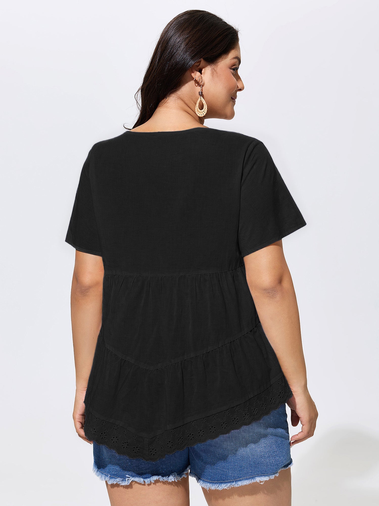 Cotton V-Neck Tiered Plain Blouse