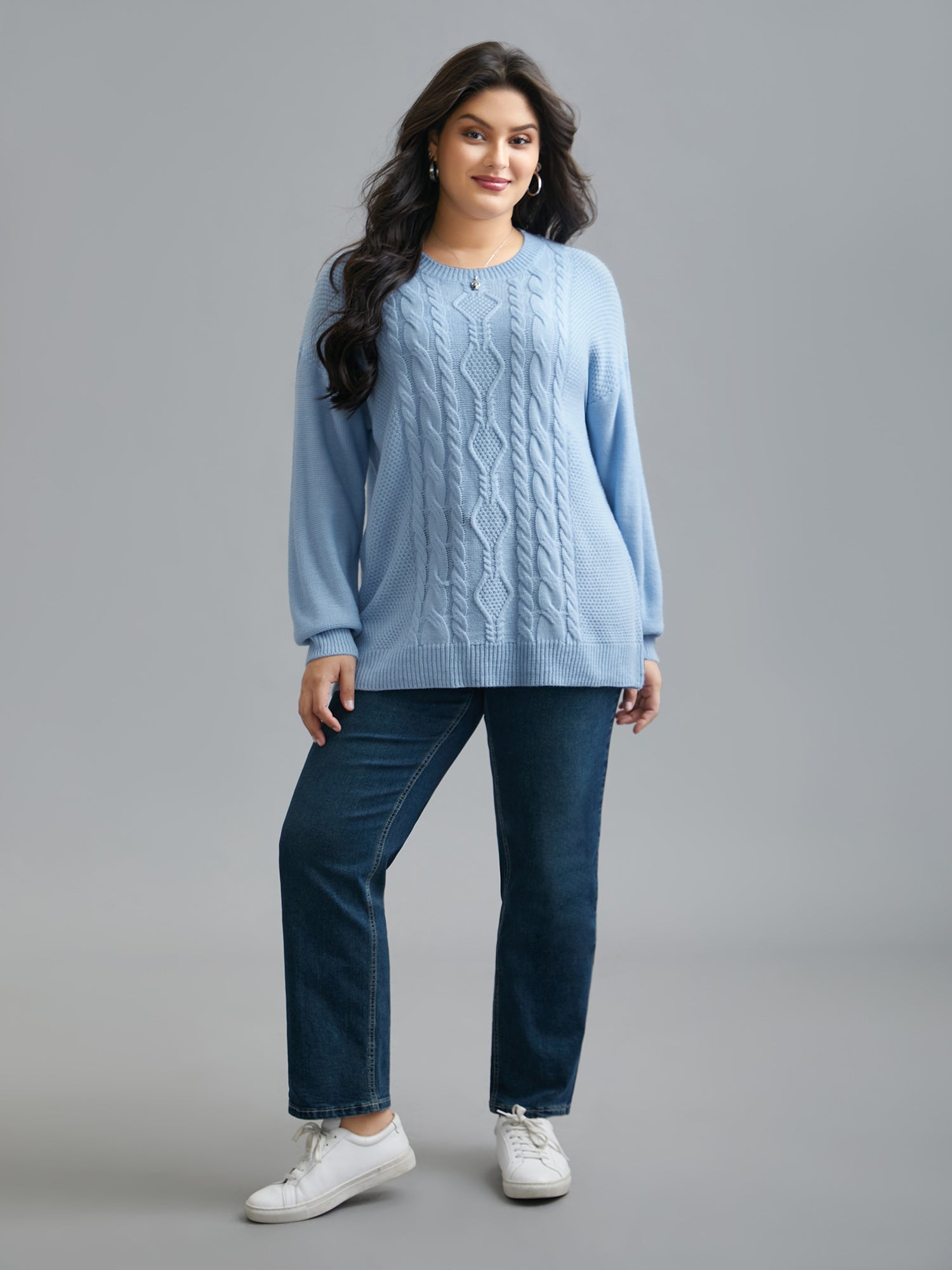 Solid Round Neck Plisse Cable Knit Pullover