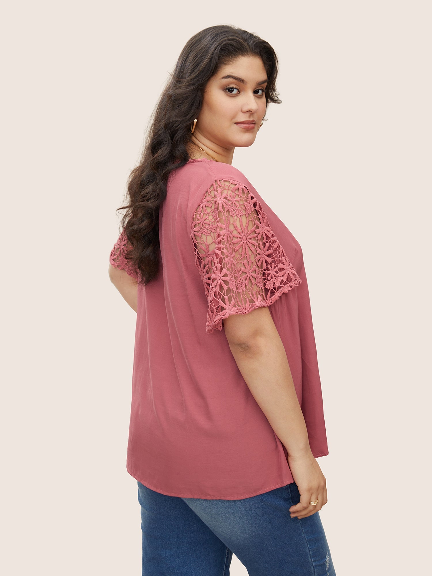 Plain V Neck Floral Patchwork Blouse