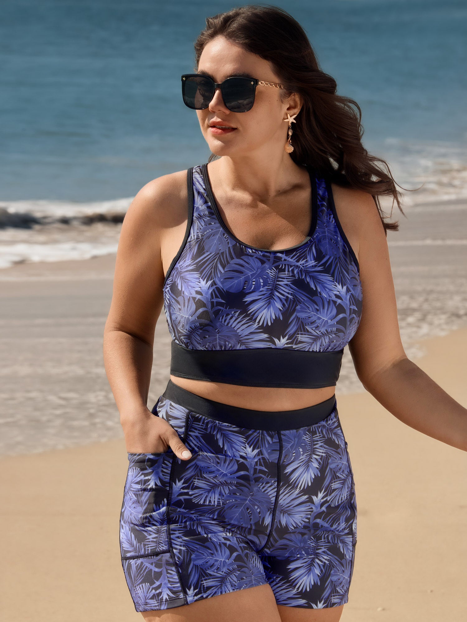 Tropical Print Colorblock Swim Top