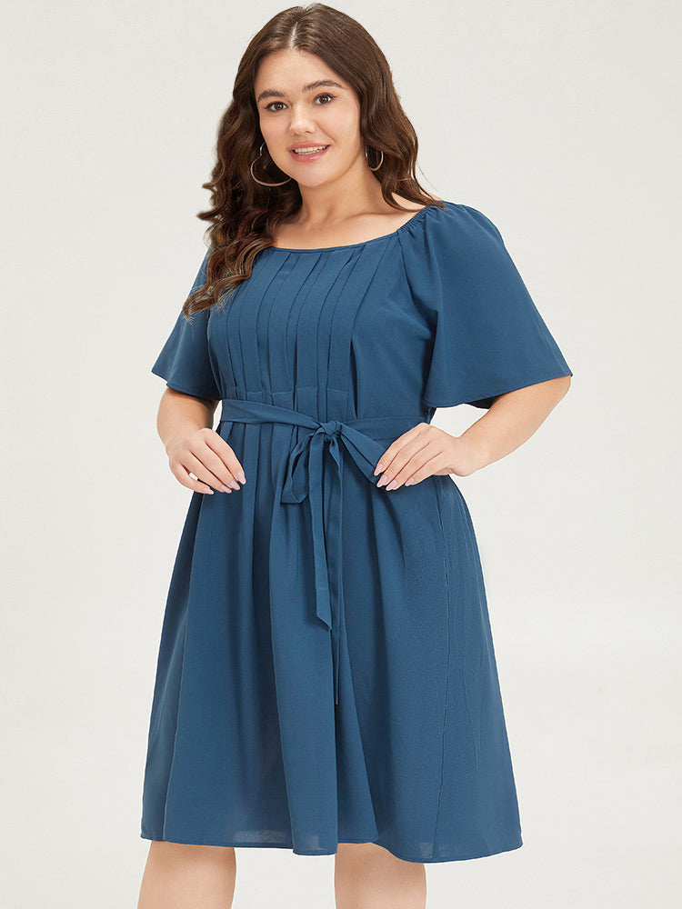 Plain Pocket Belted Pleated Raglan Sleeve Dress