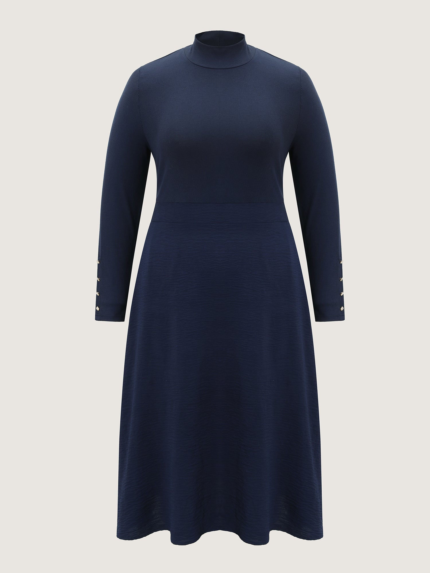 Mock Neck Waist-Defining Button Midi Dress
