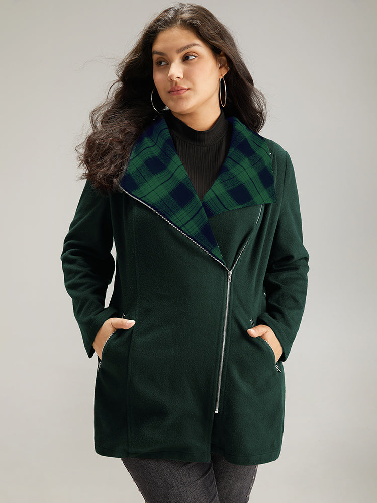 Plaid Patchwork Lapel Collar Zipper Coat
