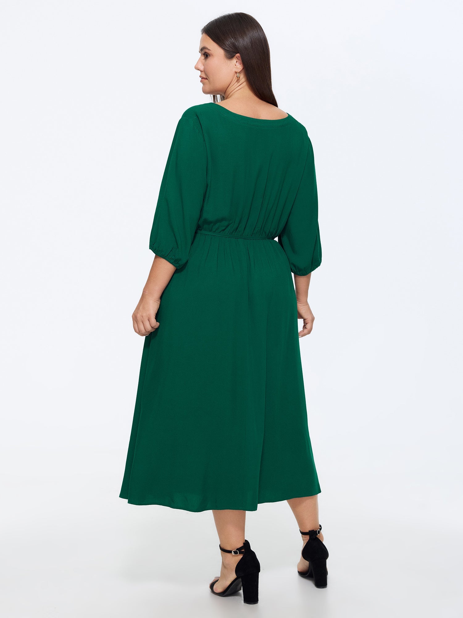 Solid Notch V Neck Drawstring Waist Midi Dress