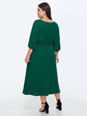 Solid Notch V Neck Drawstring Waist Midi Dress