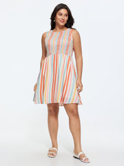 Colorful Striped Print Shirred Mini Dress
