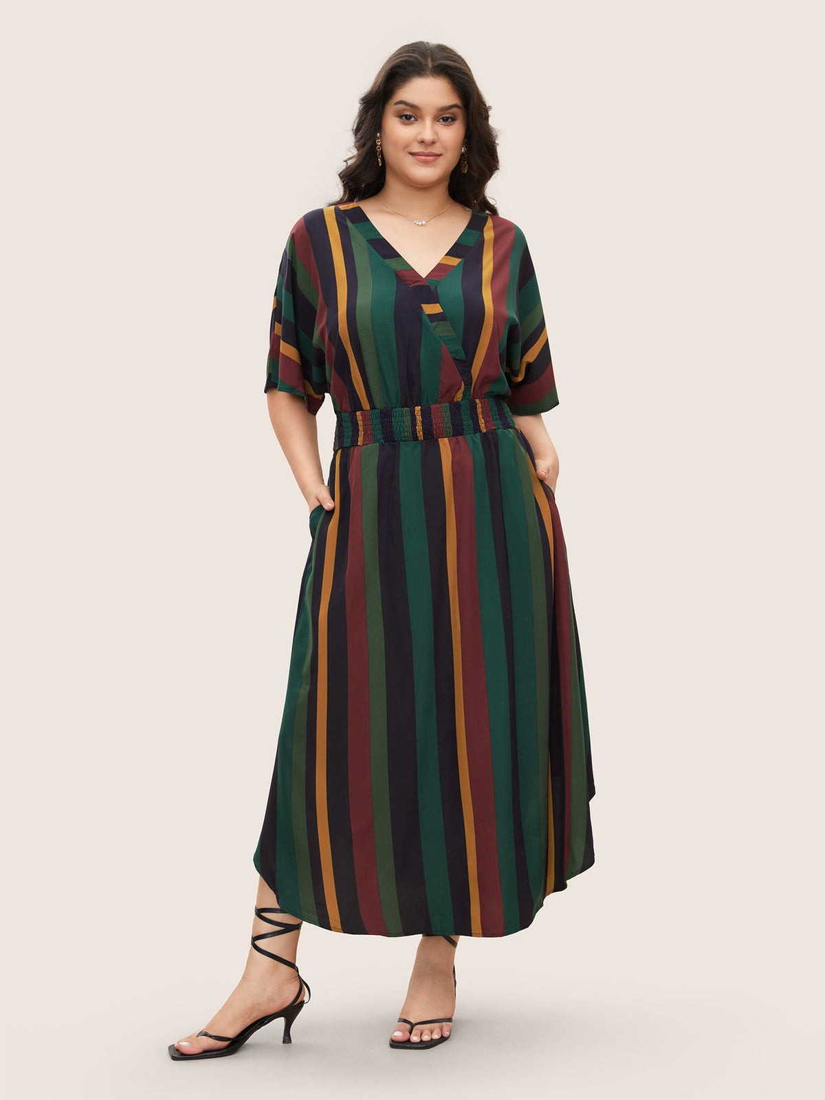 Striped Dolman Sleeve  Pocket Shirred Flutter Wrap Dress